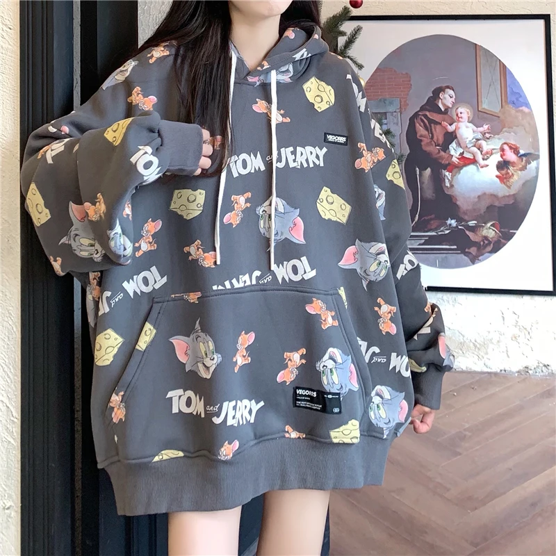 

Cartoon Printed Oversized Hoodies Women Harajuku Pullover Casual Fashion Unisex Sweatshirts Hoodie Winter 2021