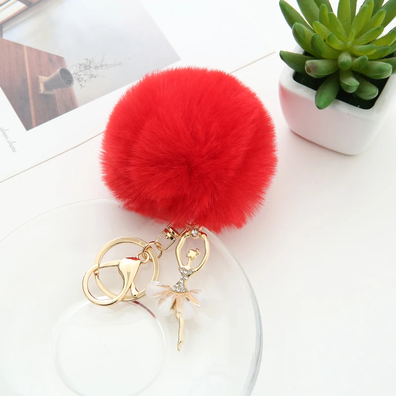 

New Ballerina Girl Fluffy Imitated Rabbit Fur Ball Key chain Ballet Girl Car Key Ring Decoration Party Gift For Purse Bag PR5001