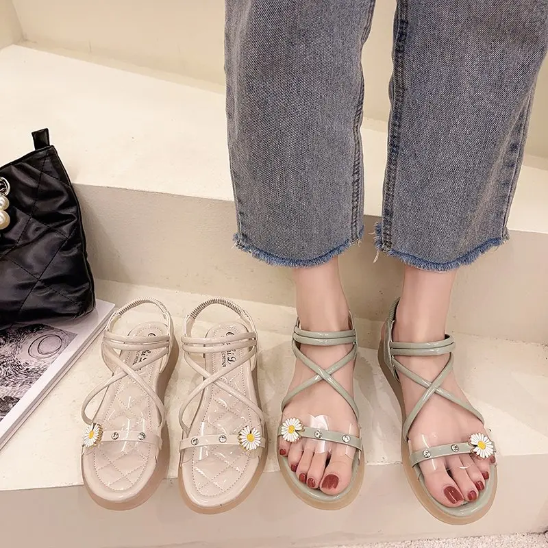 

Summer New Fashion Casual Flat Female Roman Sandals Soft Bottom Ins Fairy Style Elastic Band Wear Student Shoes