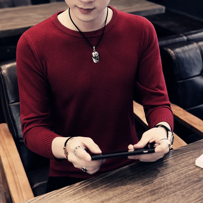 

2020 Men's Autumn round Neck Sweater Youth Slim Solid Color Base Thin Sweater