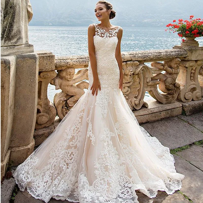 

MNGRL O-neck Luxury Retro Mermaid Sleeveless 3D Flower Bridal Dresses Backless Wedding Gown White Lace Tail Wedding Dress