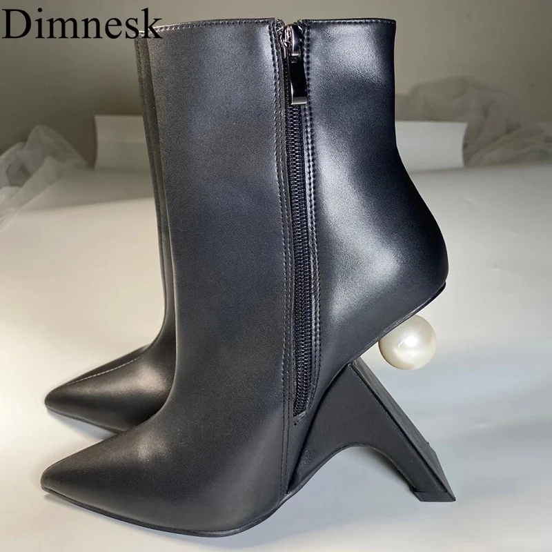 

Runway Strange High Heel Chelsea Boots Women Pointed Toe Genuine Leather Pearl Decor Ankle Botas 2021 Sexy Ladies Autumn Shoes