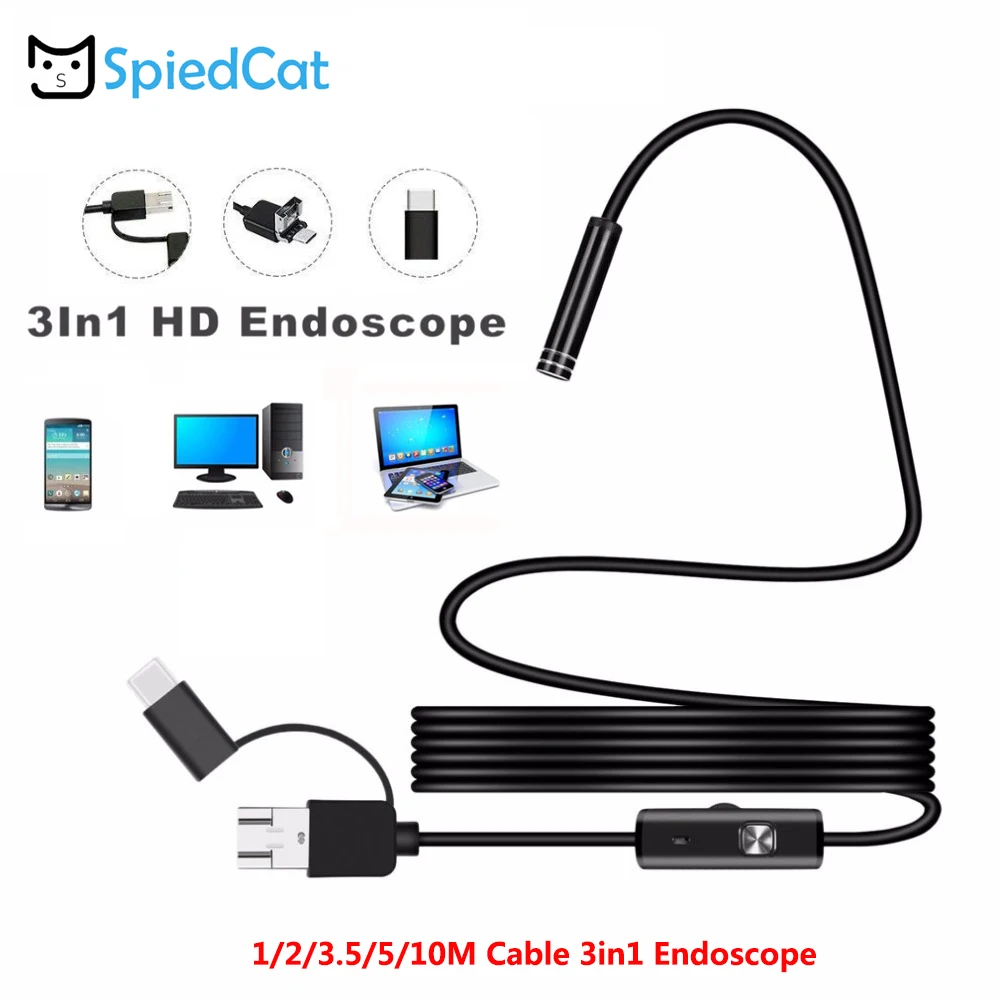 3in1 7 мм мини объектив Android ПК Windows эндоскоп Камера USB Тип C под змеиную кожу