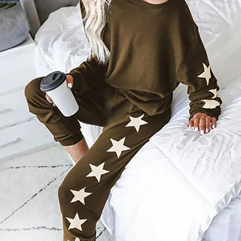 

Spring Lady Pajama Suit Tracksuit Women Star Print 2Pc Set Home Wear Casual O Neck Tops And Loose Elastic Waist Long Pant Outfit