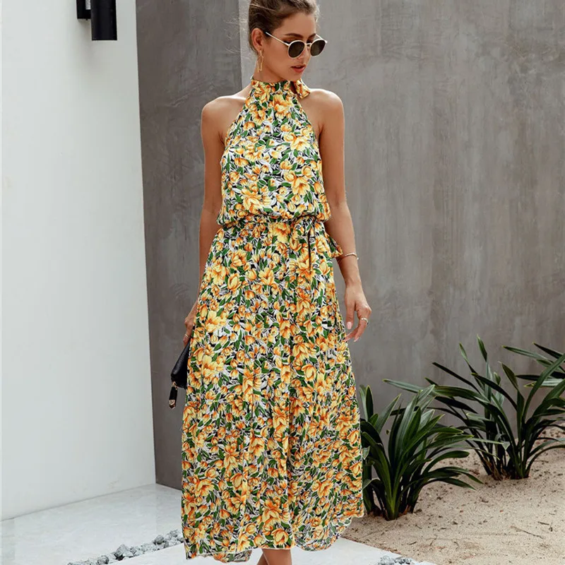 

Casual Vintage Bohemian Women Print Maxi Dress Summer 2020 Fashion Backless Off Shoulder Dress