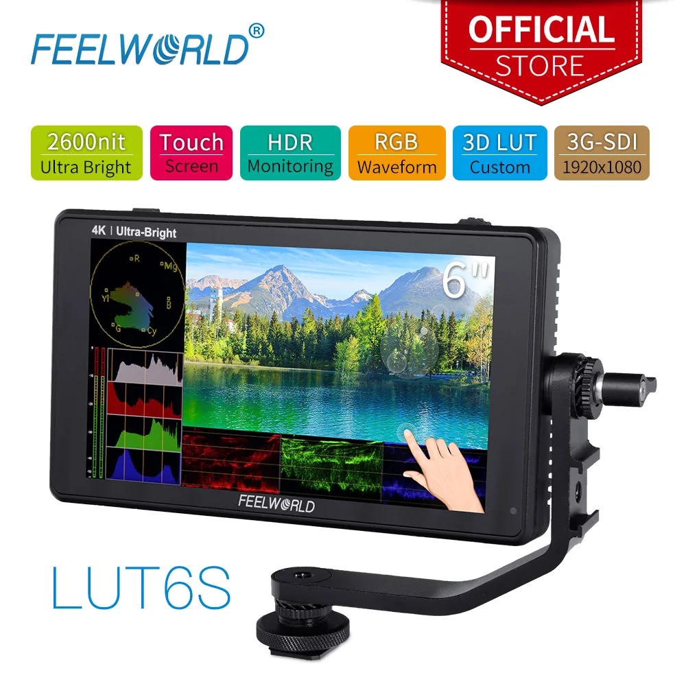 baratas Feelworld Lut6s 6 Polegada 2600 LĂȘndeas 3d Lut Tela SensĂvel Ao Toque No Campo Da CĂąmera Dslr Monitor Com Hdr Forma De Onda Para Estabilizador Youtube