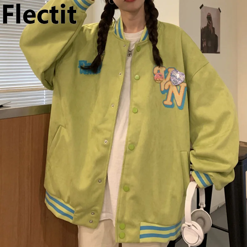 

Flectit Oversized Varsity Jacket Women Green Pink Bomber Jacket Ribbed Trim Snap Button Cute Coat Female Outerwear