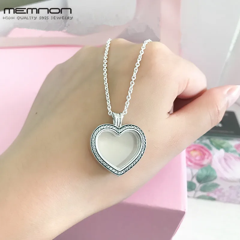 Memnon S925 Сверкающее плавающее сердце медальон ожерелья для женщин 925 стерлингового