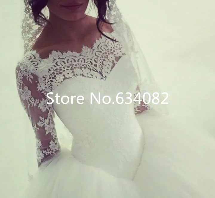 

Boat Neck Long Lace Sleeves Princess 2018 New vestido de noiva Ball Gown Bridal Romantic casamento mother of the bride dresses