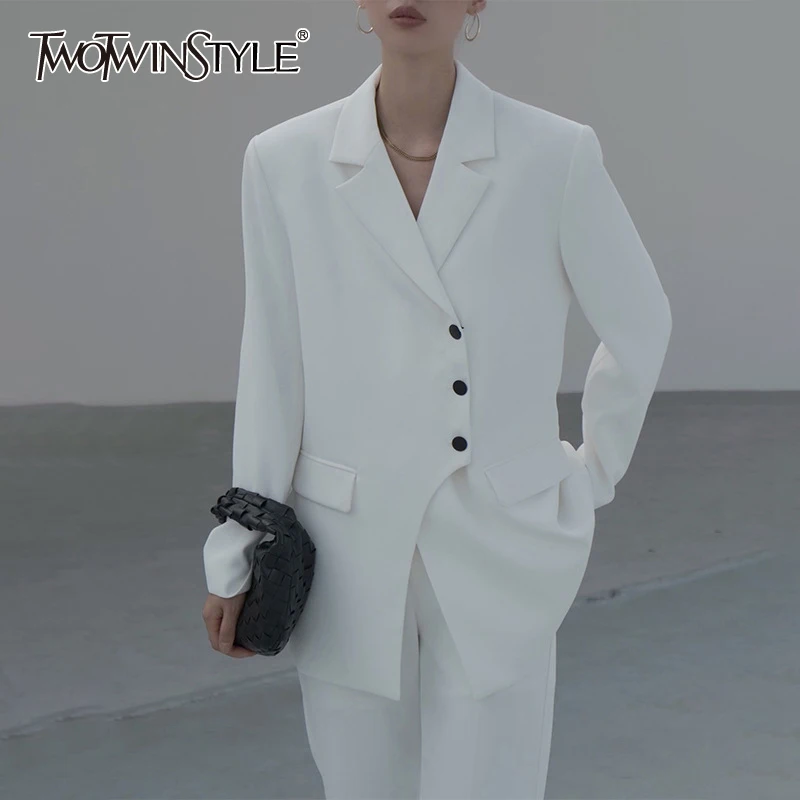 

TWOTWINSTYLE Irregular Hem Coats For Female Lapel Collar Long Sleeve Loose Solid Color Women's Casual Coat Fashion New 2021