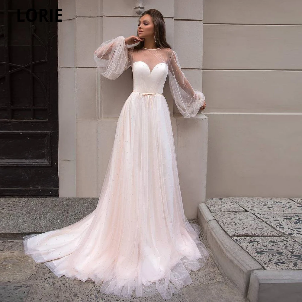 LORIE/Длинное Пышное пляжное свадебное платье с жемчугом Трапециевидные свадебные