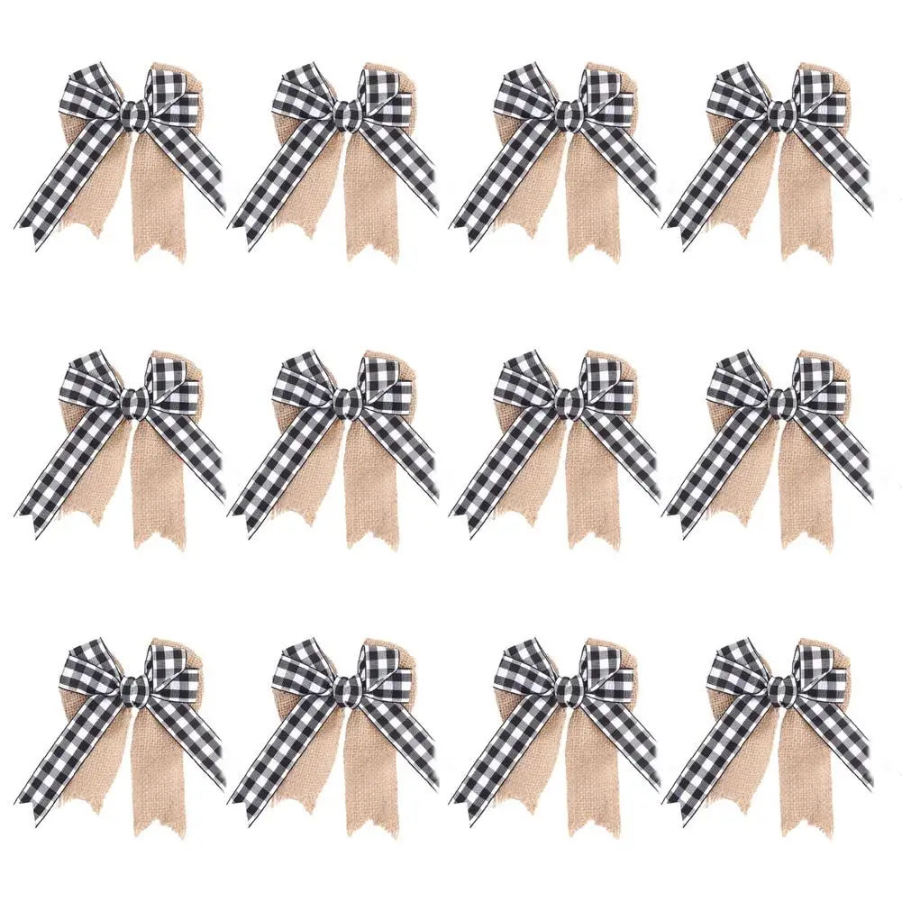 

12PCS Christmas Burlap Plaid Bow Linen Lattice Bowknot Ornament Exquisite Craftsmanship White And Black Christmas Holiday Bows