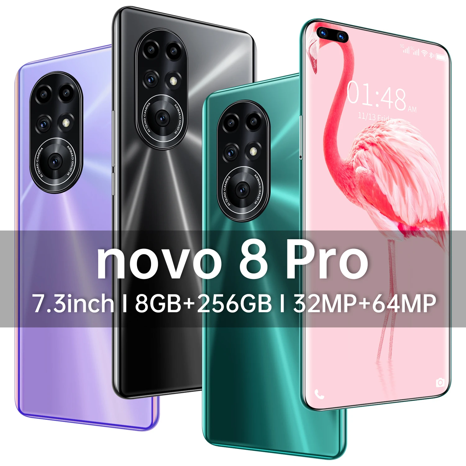 

2021 Novo 8 Pro 8GB+512GB 32MP+64MP 7.3 1344*2772 Mobile Phone 6800mAh Face Unlock Andriod 11 MT6889+ 10 Core 5G Smartphones