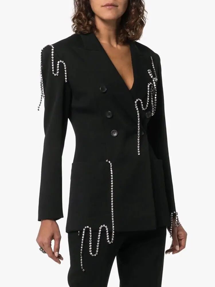 Женский двубортный Блейзер GetSpring черный блейзер с длинным рукавом и кисточками