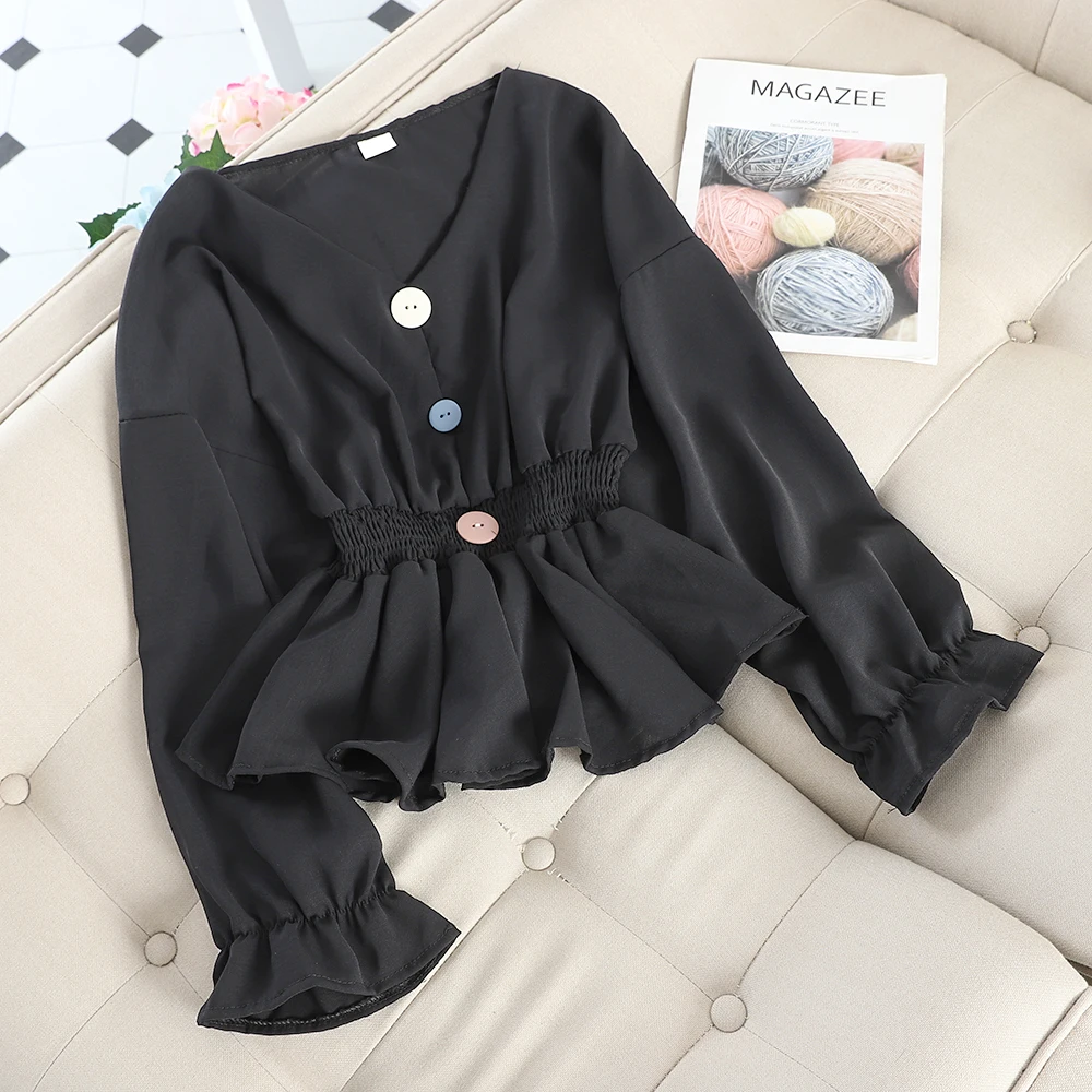 Women Blouse Shirts Элегантный женский расклешенный рукав v-образным вырезом Базовая шифоновая рубашка с оборками винтажный эластичный тонкий кардиган кнопка плиссированный пуловер, блузка, Топ - Цвет: Women Blouse Shirts