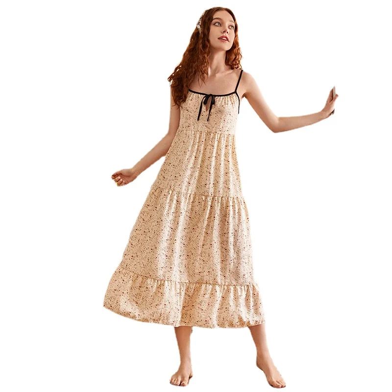 

Small Floral Printing Sexy Sling Night Dress Sleepwear Women's Cotton and Linen Summer Women's Nightgown Sexy Lingerie