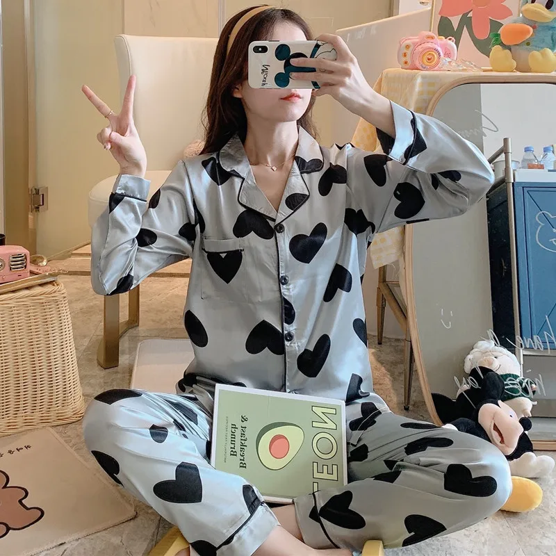 Пижамный комплект Женский атласный Шелковый пижамный с длинным рукавом и