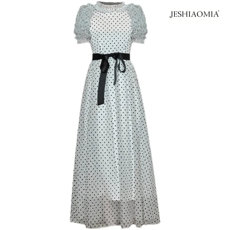 

2021 SPRING ROUND NECK RUCHED POLKER DOT PRINT BELTED DRESS
