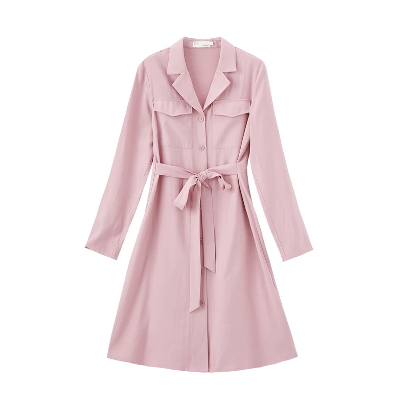 

INMAN Spring Literary Pure Color Lapel lace-up Waist Single-breasted Long Sleeve Dress