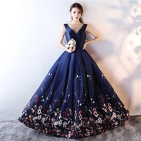 new navy blue v neck evening dress off shoulder floral print long formal gown woman party dresses