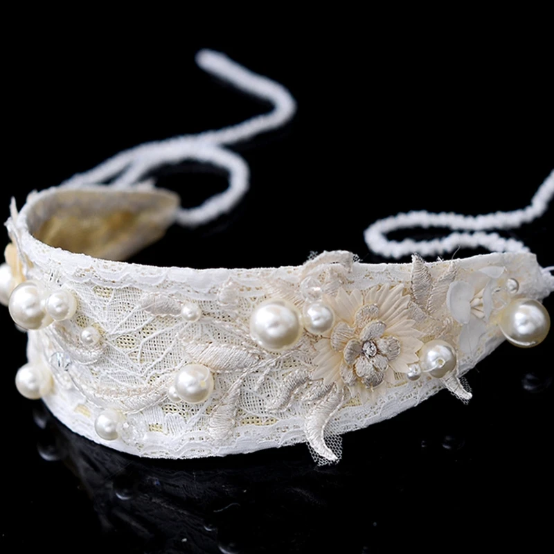

Vintage Embroidery Floral Lace Wedding Headband Pearl Beading Jewelry Hairband X7YC
