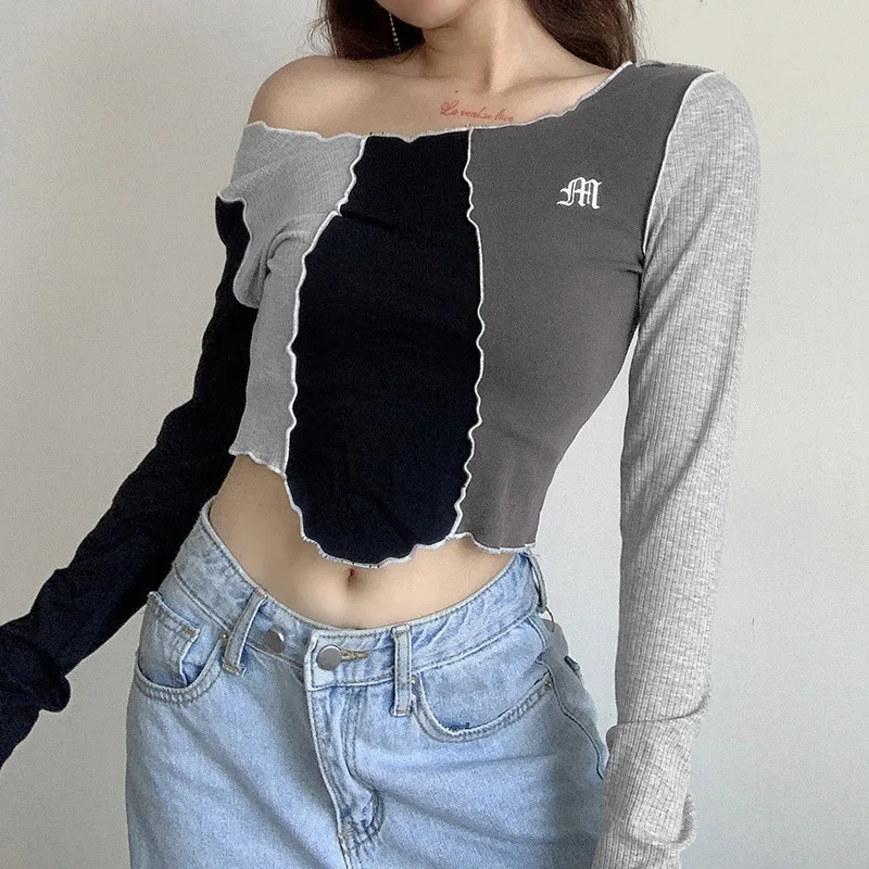 

Women Fashion Color Block Letter Embroidery Top Fashion Long Sleeve Crop Top for Ladies Female Sexy Slim Bottoming Short T-shirt