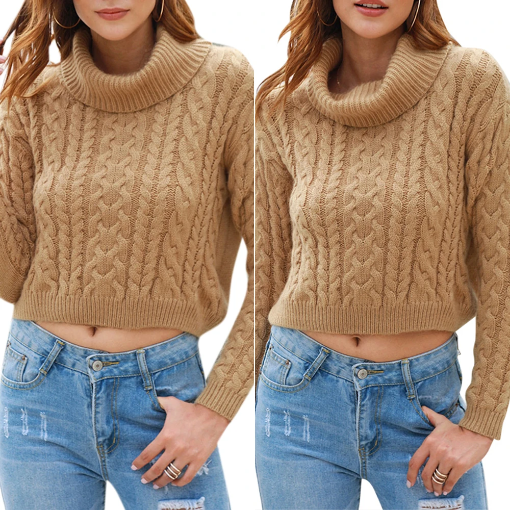 

Khaki Sweater Turtleneck Women's Long Sleeve Top Pullovers Fashion Casual Winter Knitwear Crop Top Woman Clothes Autumn Sweater