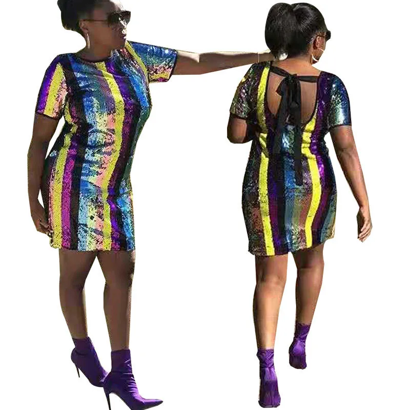 Разноцветное Радужное платье с пайетками женское сексуальное коротким рукавом
