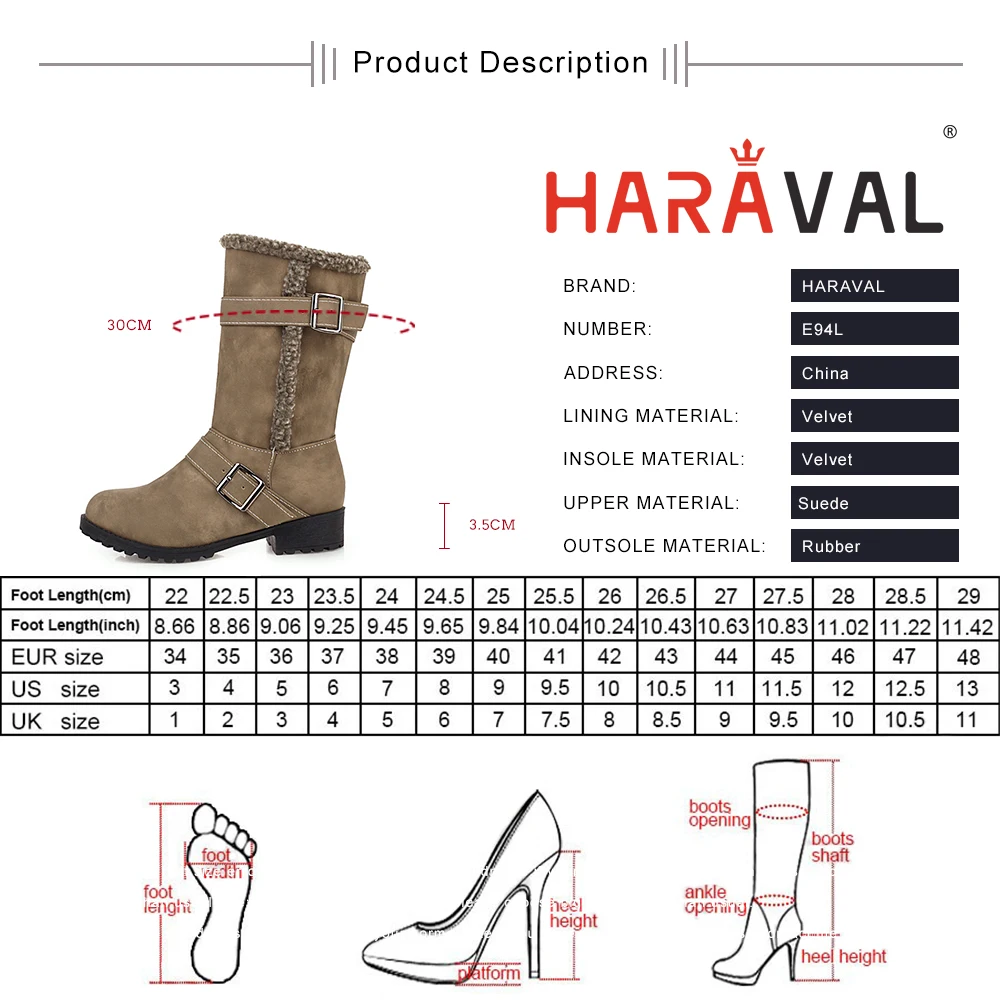 

HARAVAL women winter snow boots cheap comfortable warm black Non-slip motorcycle boots buckle Wedge Platform plus size E94L