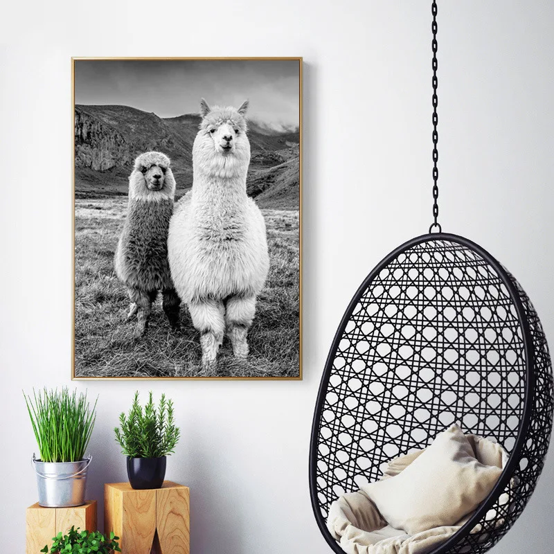

Nordic living room decoration painting black and white animal poster alpaca picture wall painter home gallery canvas print art
