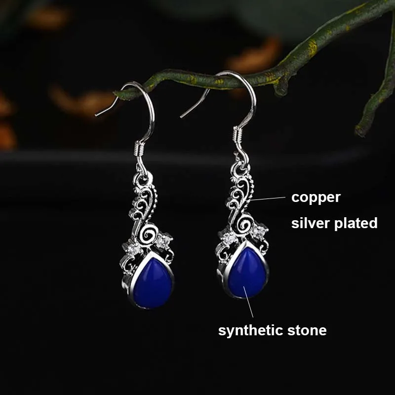 Женские маленькие серьги подвески с голубым камнем в стиле бохо форме капли воды