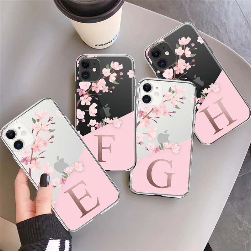 

Art Initial Letter A To Z Pink Flowers Phone Case For iPhone 12 11 Pro Max XS Max 7 8 Plus X XR Alphabet Transparent Soft Cover