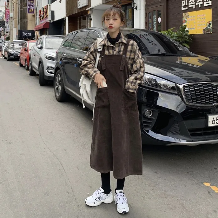 

Corduroy Suspender Skirt Women's Early Spring Retro Short Long below the Knee Slimming Student Western Style Youthful-Looking