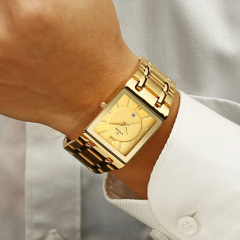 

Часы наручные WWOOR мужские с квадратным циферблатом, брендовые роскошные золотистые Кварцевые водонепроницаемые из нержавеющей стали