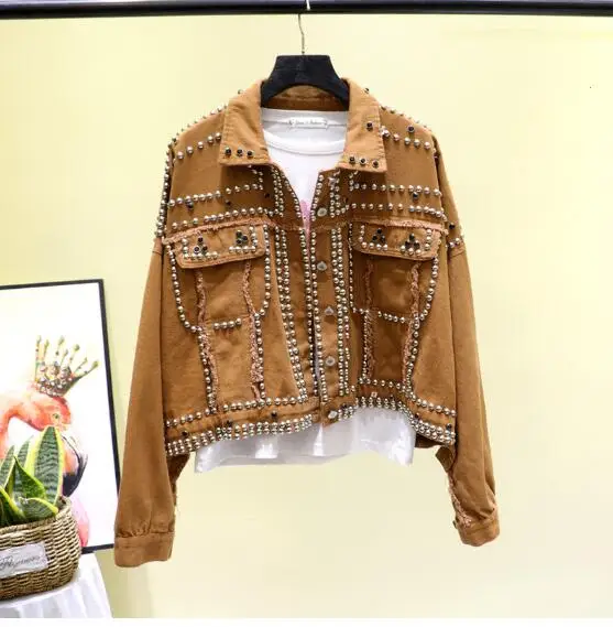 Женская джинсовая куртка с ручными заклепками свободная повседневная короткая