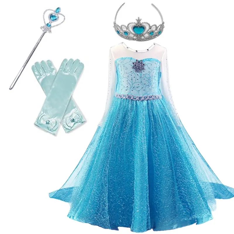

Blue Baby Girl Halloween Dress Birthday Party Cosplay For Children Snow Princess Queen Up Ankle-Length Cute Style Dresses 4-10 Y