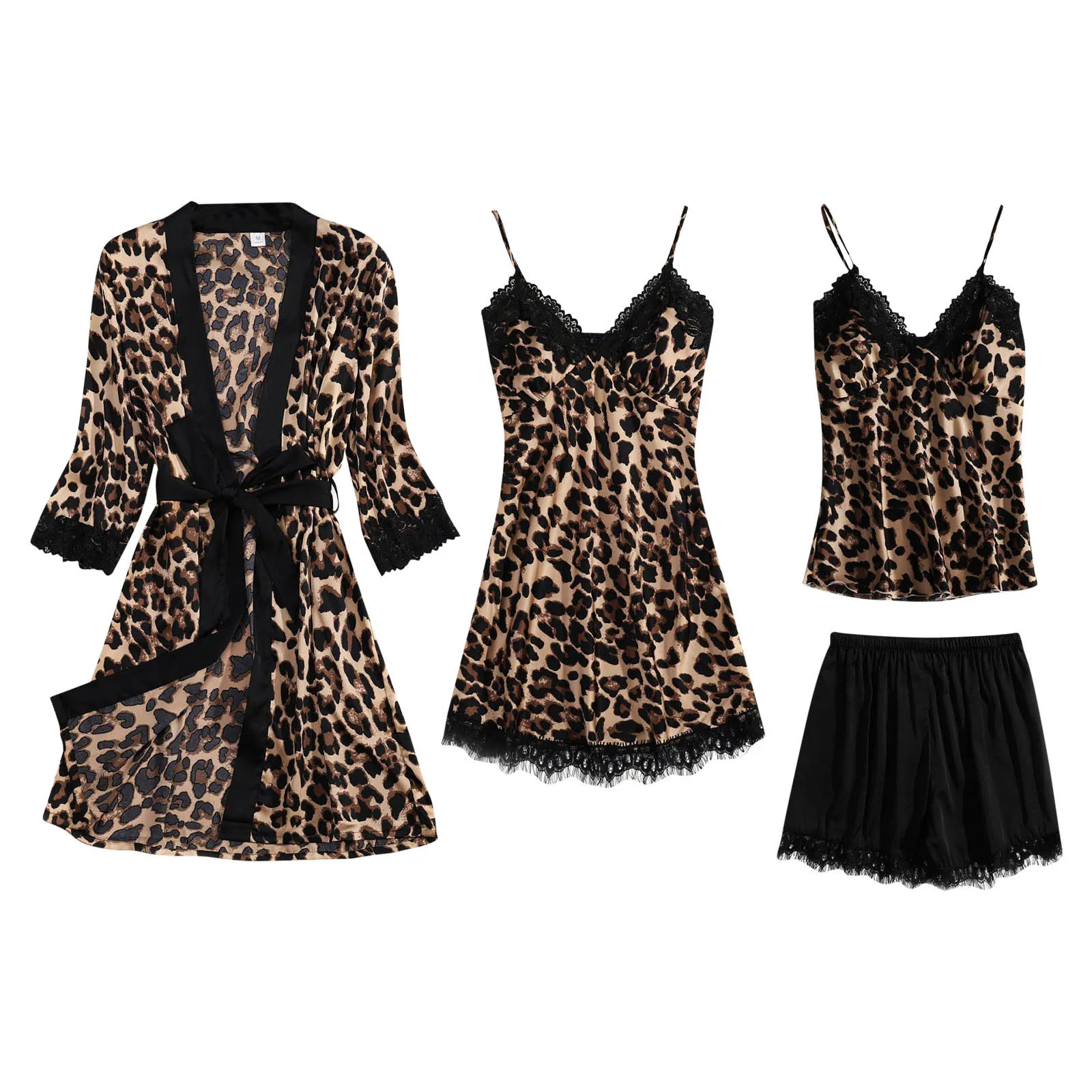 

Комплект пижамный женский леопардовый из 4 предметов, халатик и топ на бретелях, кимоно, одежда для сна, домашняя одежда, ночная рубашка, рубашка, размеры s-xxl