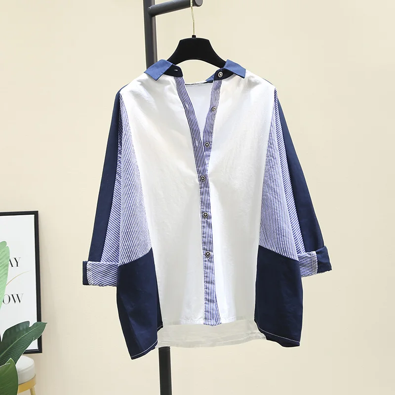 

2021 Spring Fall Color Matching Striped Cotton Linen Lady Shirt New Korean Artistic Loose Women Top Long Sleeve Fashion Blusas