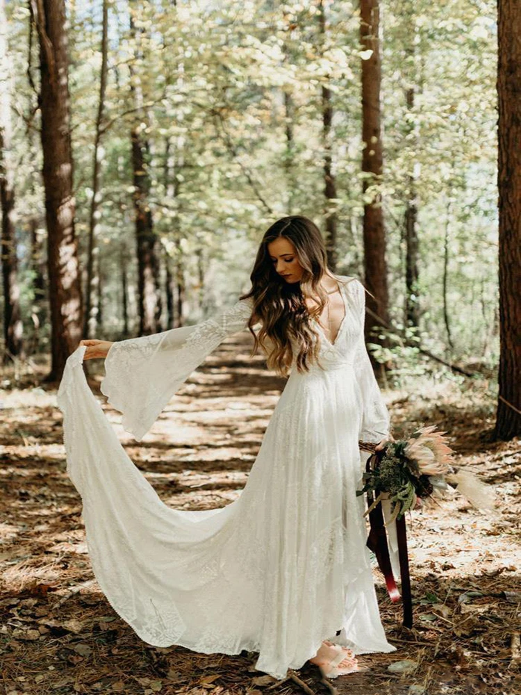 2020 страна Стиль Boho кружевные свадебные платья с одежда длинным рукавом V образным