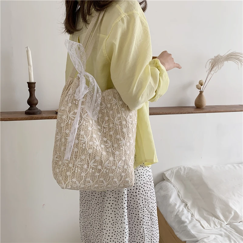 

ATLI 2021 New Fashion Women Summer Straw bag Tote Bag Beach Casual Shoulder Bag Handbag Handmade Basket Storage Shopping bag