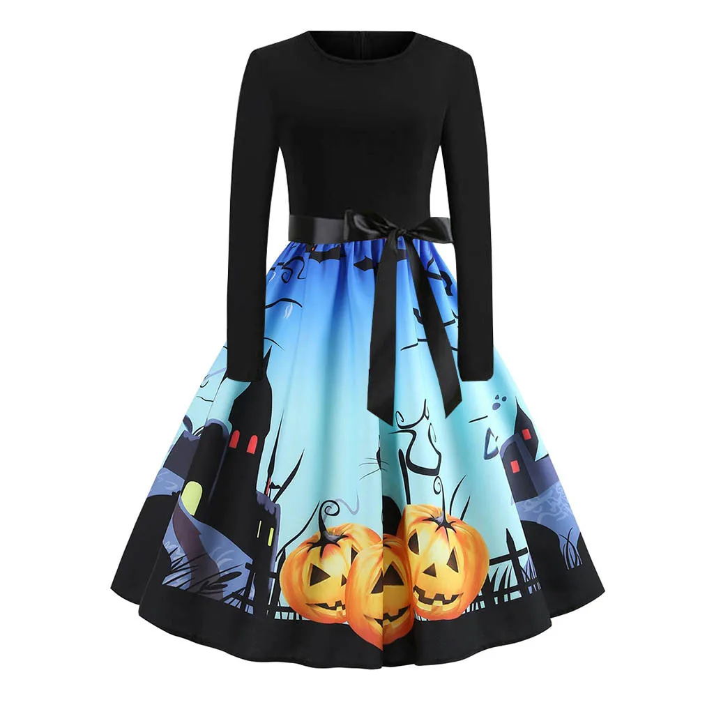 Хэллоуин 2019 женское платье с длинным рукавом Хепберн тыква принтом расклешенное