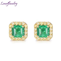 loverjewelry lady studs earrings real 18kt yellow gold natural 6mm emerald genuine diamonds earrings for women ol party jewelry