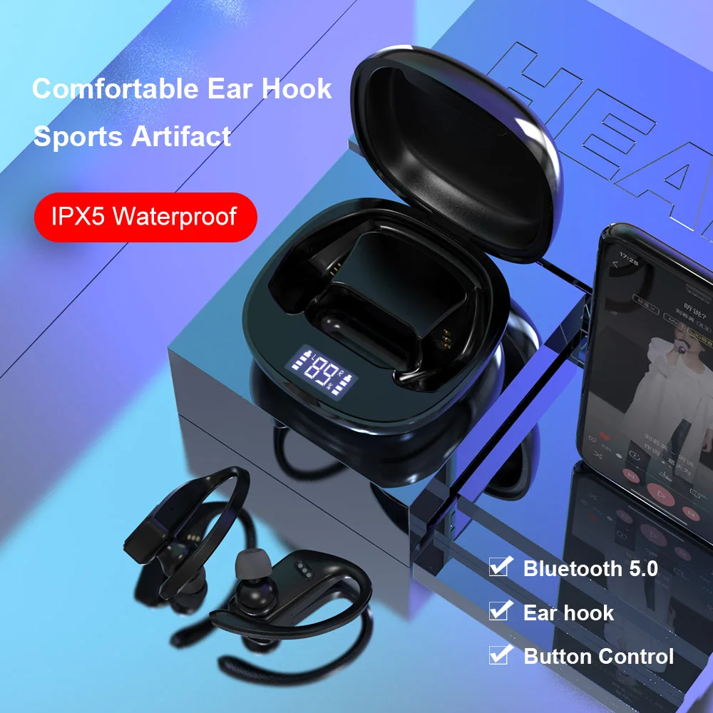 Bluetooth наушники AWI W11 TWS с крючком Беспроводные спортивные со светодиодным дисплеем