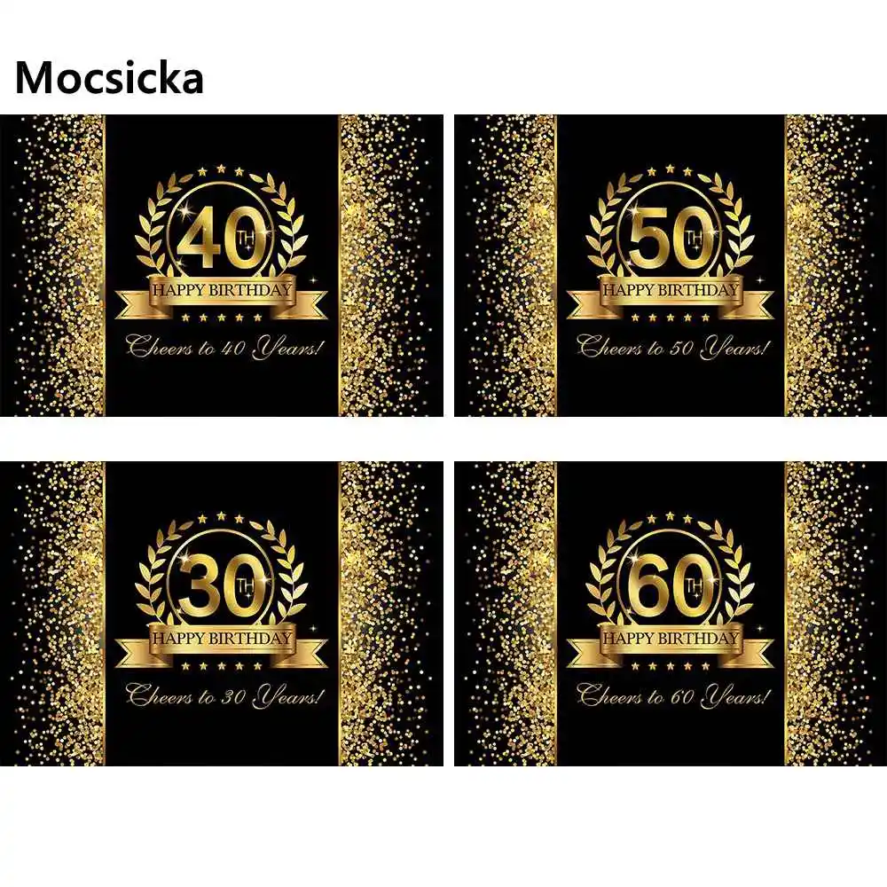 

Mocsicka Glitter Gold Birthday Photography Backdrop Happy 30 40 50 60th Birthday Party Photo Background Gold Leaves Banner Decor