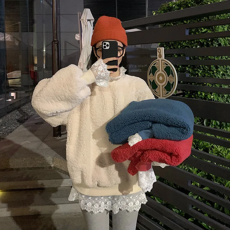 

Новинка 2020, Женский свитшот на осень и зиму, новый корейский пуловер в стиле пэчворк с имитацией двух кружевов, свободный Свитшот оверсайз с ...