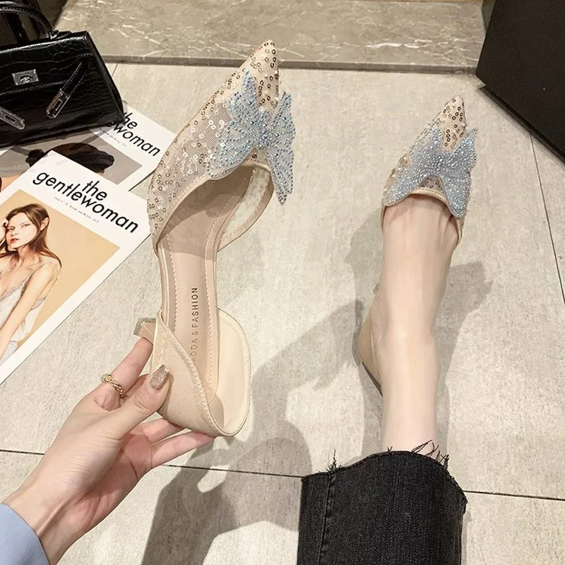 

Low Sandals Woman Leather Bow Shoes Low-heeled Hoof Heels Fabric Butterfly-knot Slides Rubber Cotton Bow Shoes Low Sandals Woman