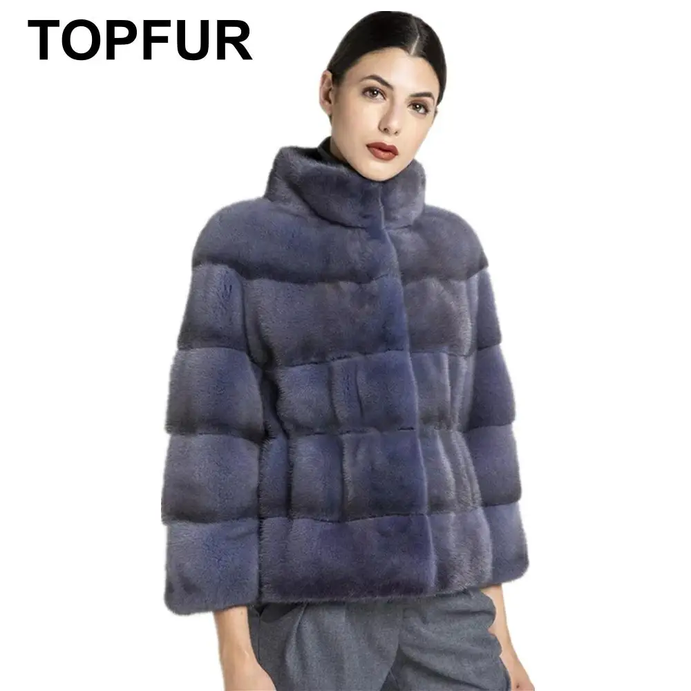 Женская кожаная куртка с меховым воротником TOPFUR темно серая размера плюс