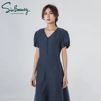 sinbeauty summer womens short sleeved one piece short early autumn solid color wild slim literary round neck dress