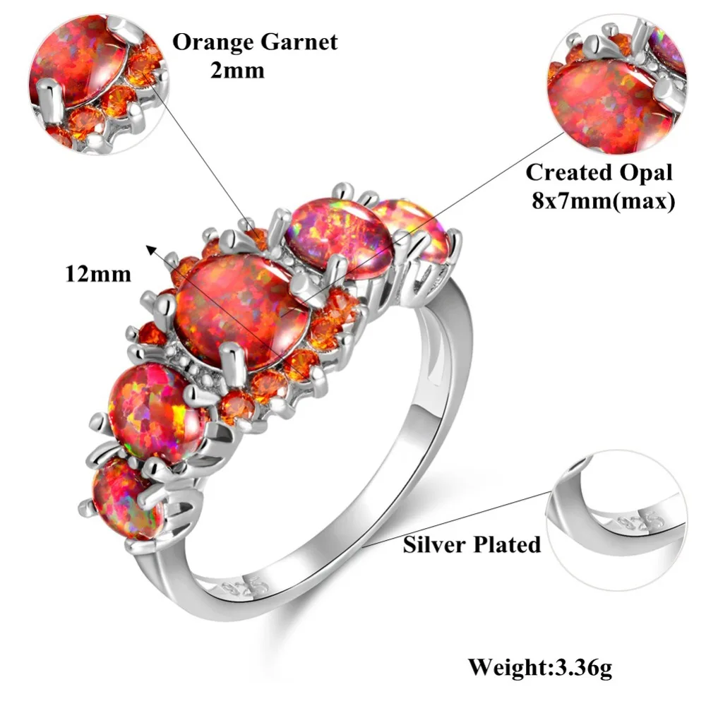 

CiNily Fire Opal Jewelry Set Silver Plated Half Bracelets & Stud Earrings & Rings With Stone Orange Garnet Bohemia Boho Woman