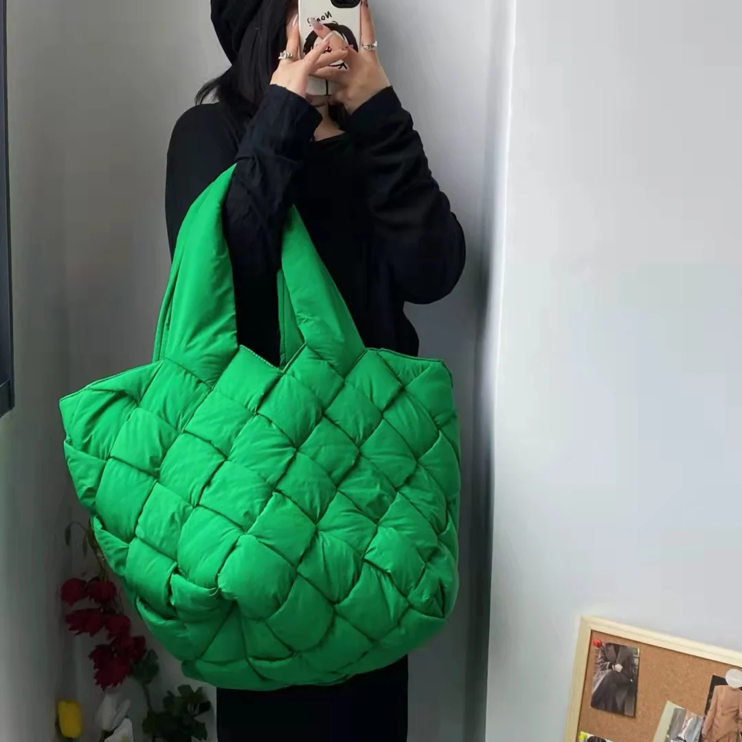 Feather Bag Female 2021 Large-capacity Autumn and Winter Nylon Casual Green Woven Luxury Brand Handbags Shoulder Underarm Bags